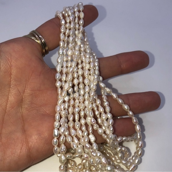 Vtg Biwa Pearl Multi 3 Strand Real Freshwater Rice Pearl Necklace 32” - Picture 6 of 7